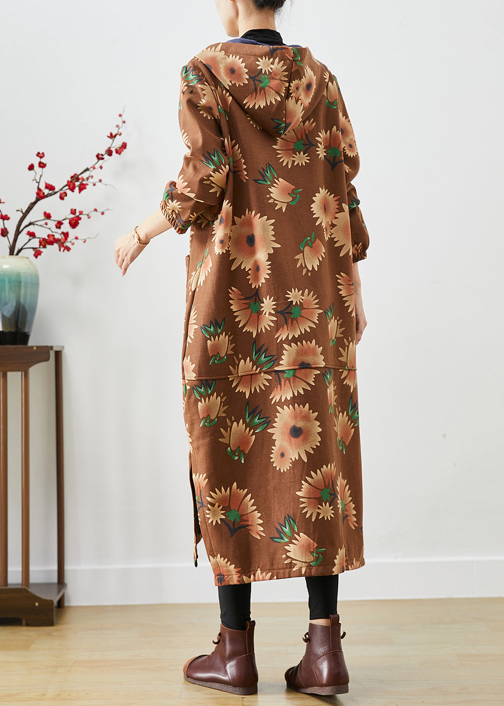Drune | Khaki Kapuzen Floral Print Warme Fleece Mäntel Winter