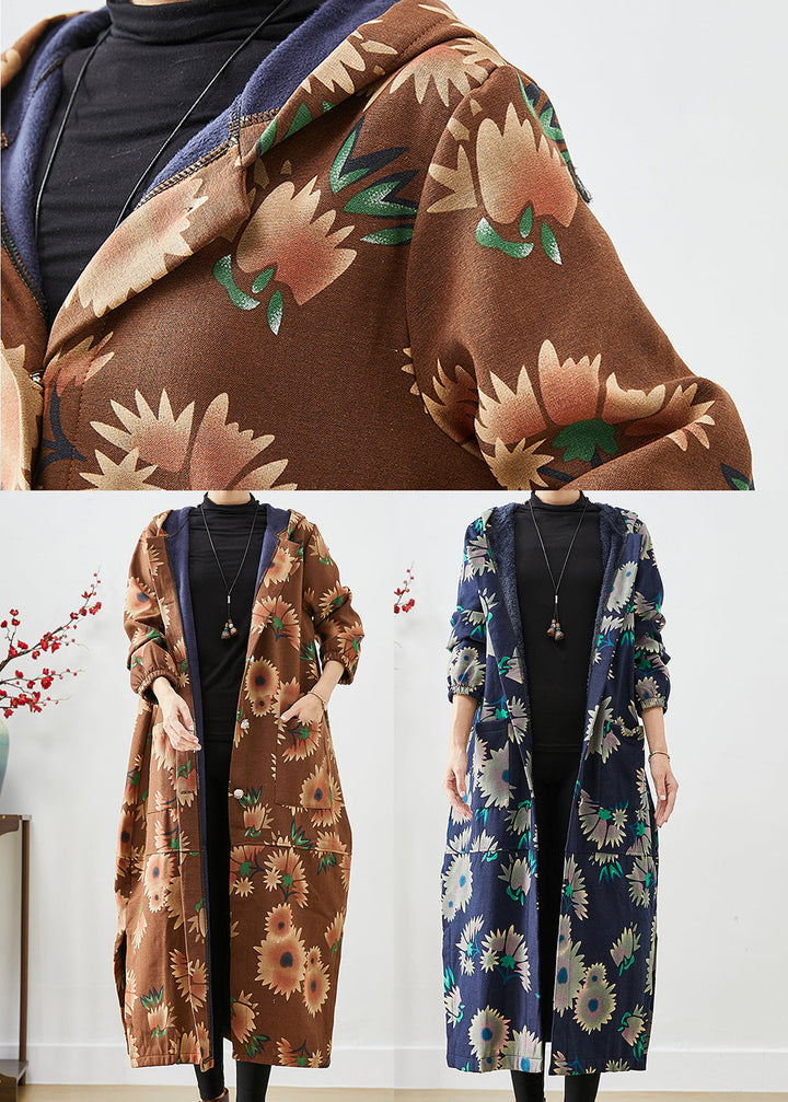 Drune | Khaki Kapuzen Floral Print Warme Fleece Mäntel Winter