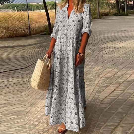 Drune | Gemustertes V-ausschnitt Boho Maxikleid Für Damen