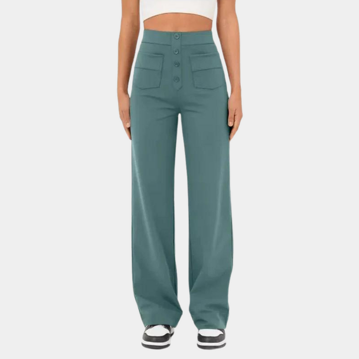 Drune | Schlaghose High Waist - Weite Beinform mit Zierknöpfen & Fronttaschen für Retro-Look