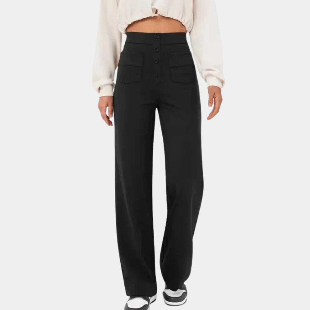 Drune | Schlaghose High Waist - Weite Beinform mit Zierknöpfen & Fronttaschen für Retro-Look