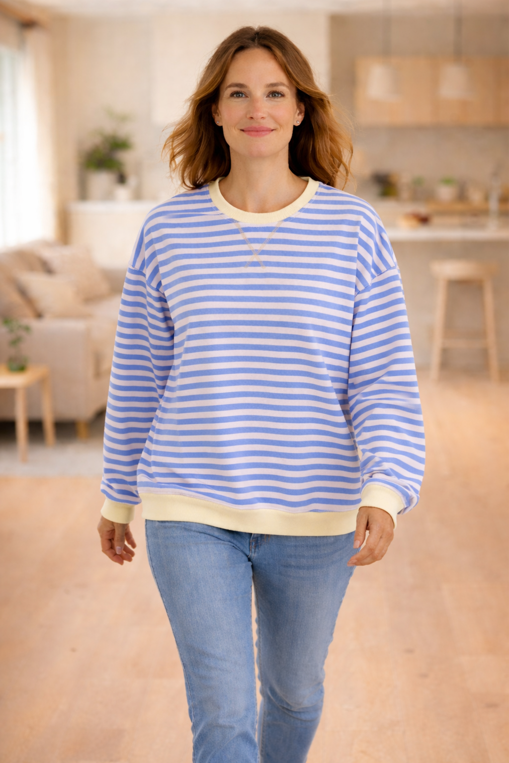Drune Damen Pullover gestreift Rundhals langarm locker