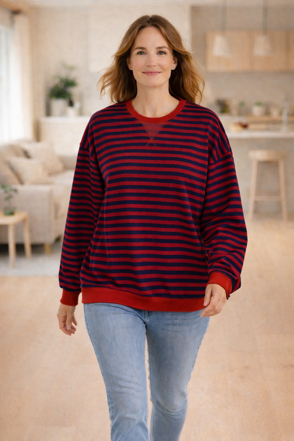 Drune Damen Pullover gestreift Rundhals langarm locker