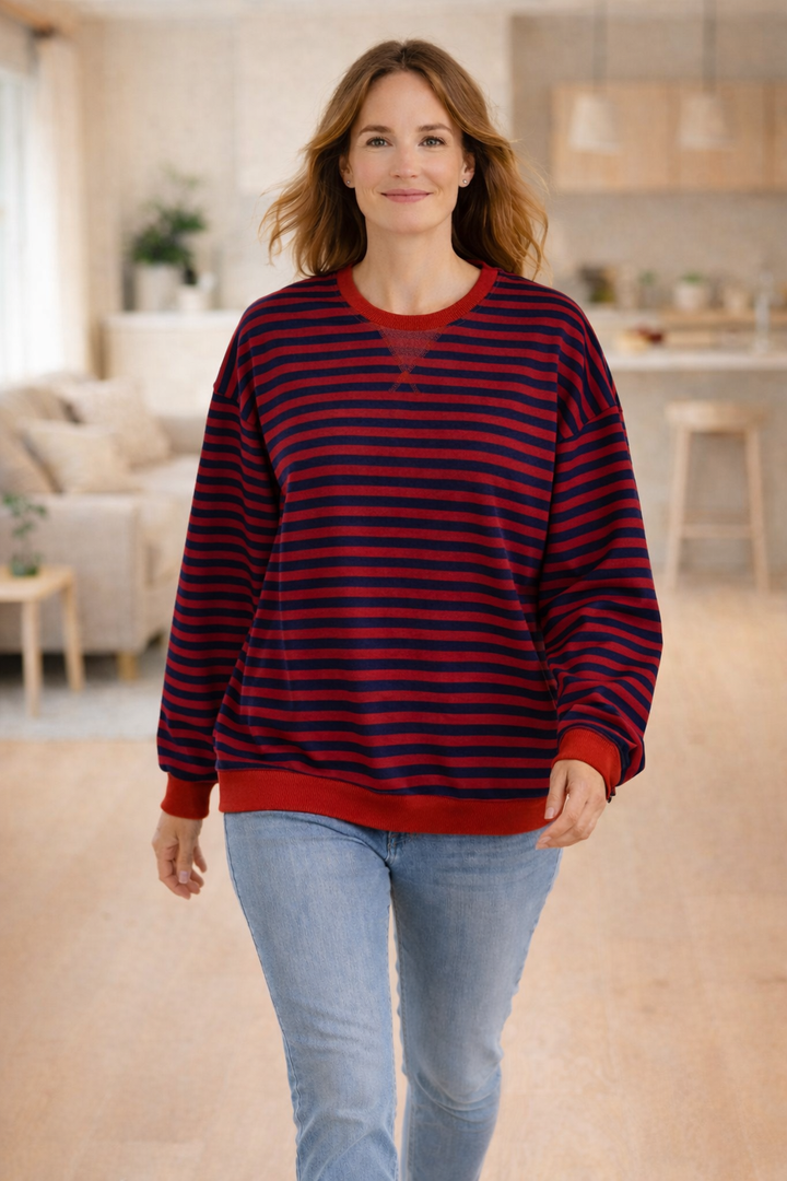 Drune Damen Pullover gestreift Rundhals langarm locker