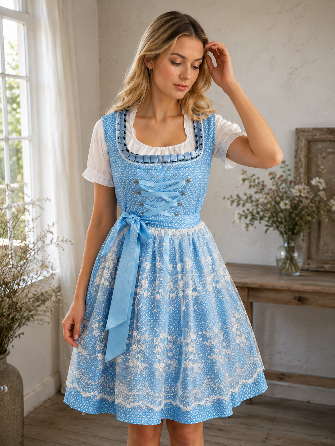 Damen Dirndl mit Schnürmieder, Schürze und gemustertem Rock