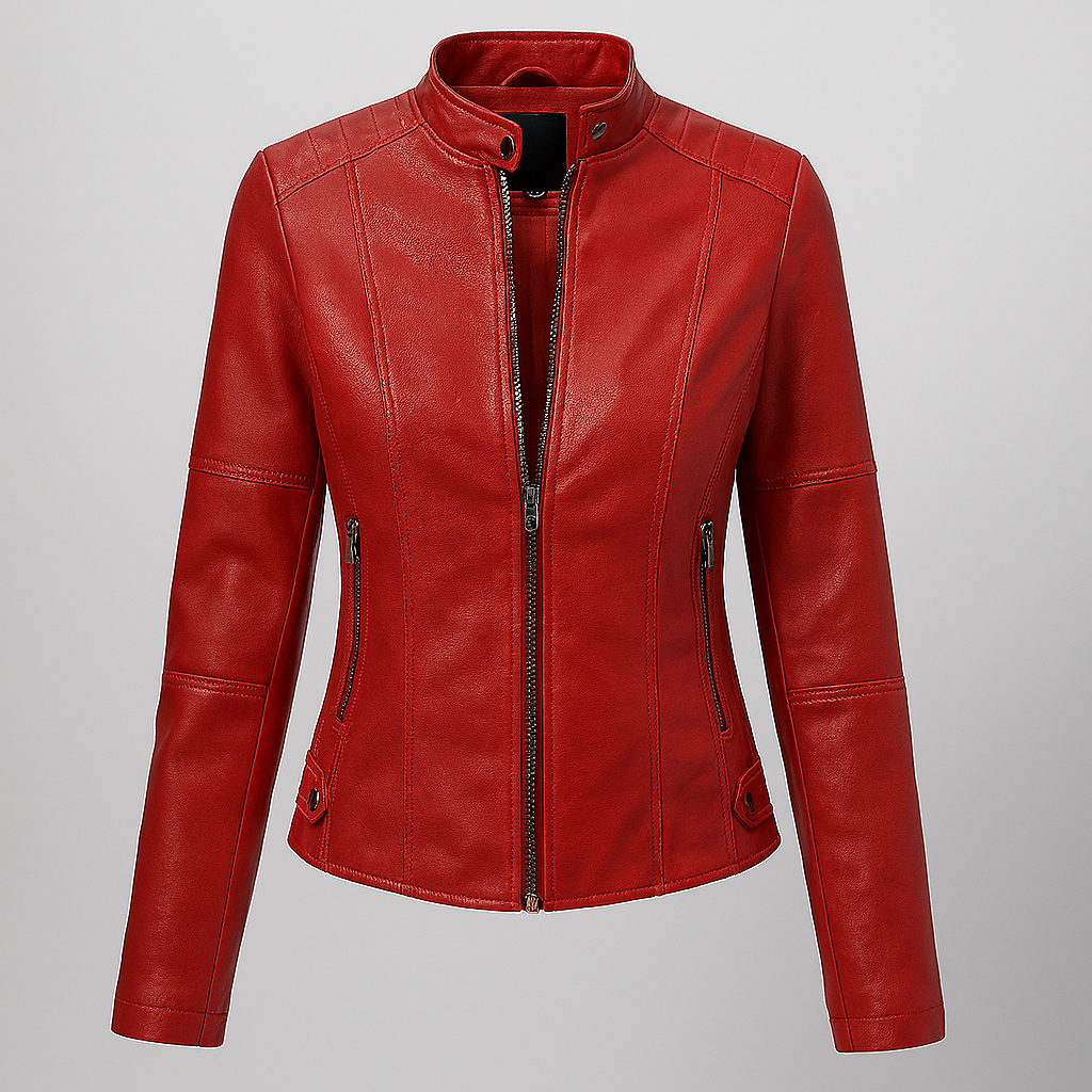 Drune | Tailliertes rotes Leder-Motorradjacke für Damen