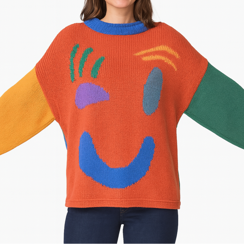 Drune | Strickpullover im Künstlerstil - Gemütlicher Freizeit Jumper mit abstraktem Gesichtsmuster