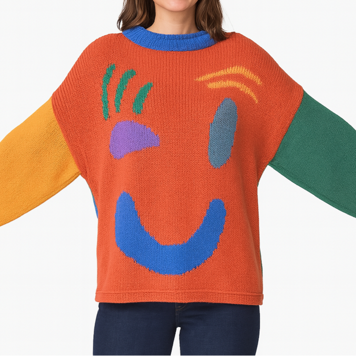 Drune | Strickpullover im Künstlerstil - Gemütlicher Freizeit Jumper mit abstraktem Gesichtsmuster