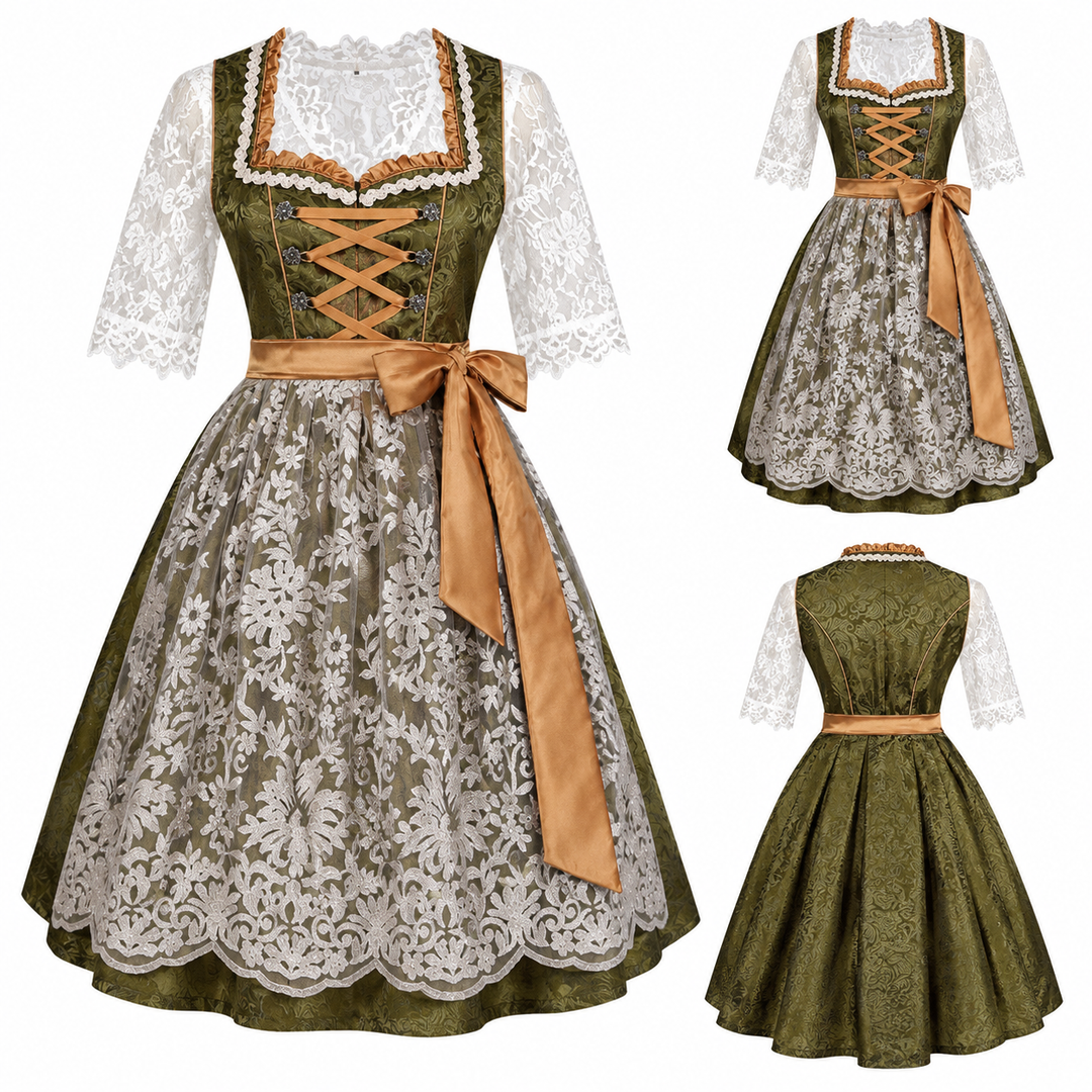 Damen nan traditionelles Dirndlkleid mit Spitzenbluse und bestickter Schürze Drune
