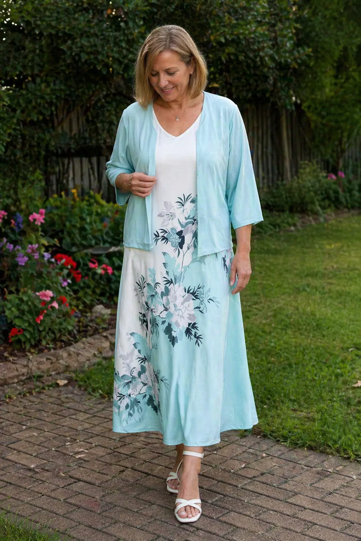 Drune Kleid | Elegantes turquoise langes Blazer/Kleid-Set mit Blumenmuster