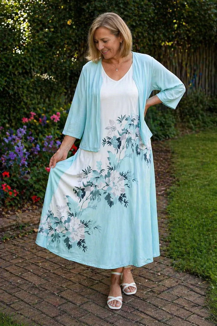 Drune Kleid | Elegantes turquoise langes Blazer/Kleid-Set mit Blumenmuster