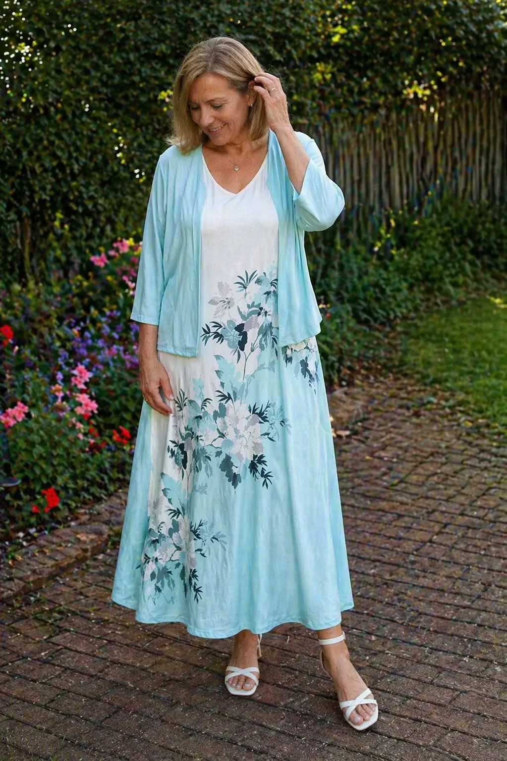 Drune Kleid | Elegantes turquoise langes Blazer/Kleid-Set mit Blumenmuster