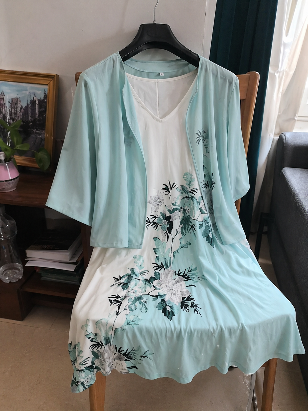 Drune Kleid | Elegantes turquoise langes Blazer/Kleid-Set mit Blumenmuster