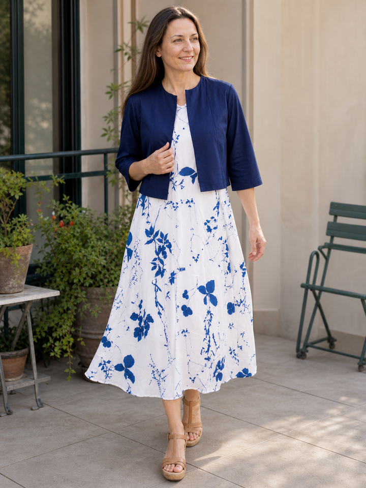 Drune | Elegante Zweiteilige Blumenkleid-Set mit Einfarbigem Crop-Top und Rundhalskleid