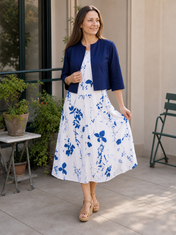 Drune | Elegante Zweiteilige Blumenkleid-Set mit Einfarbigem Crop-Top und Rundhalskleid