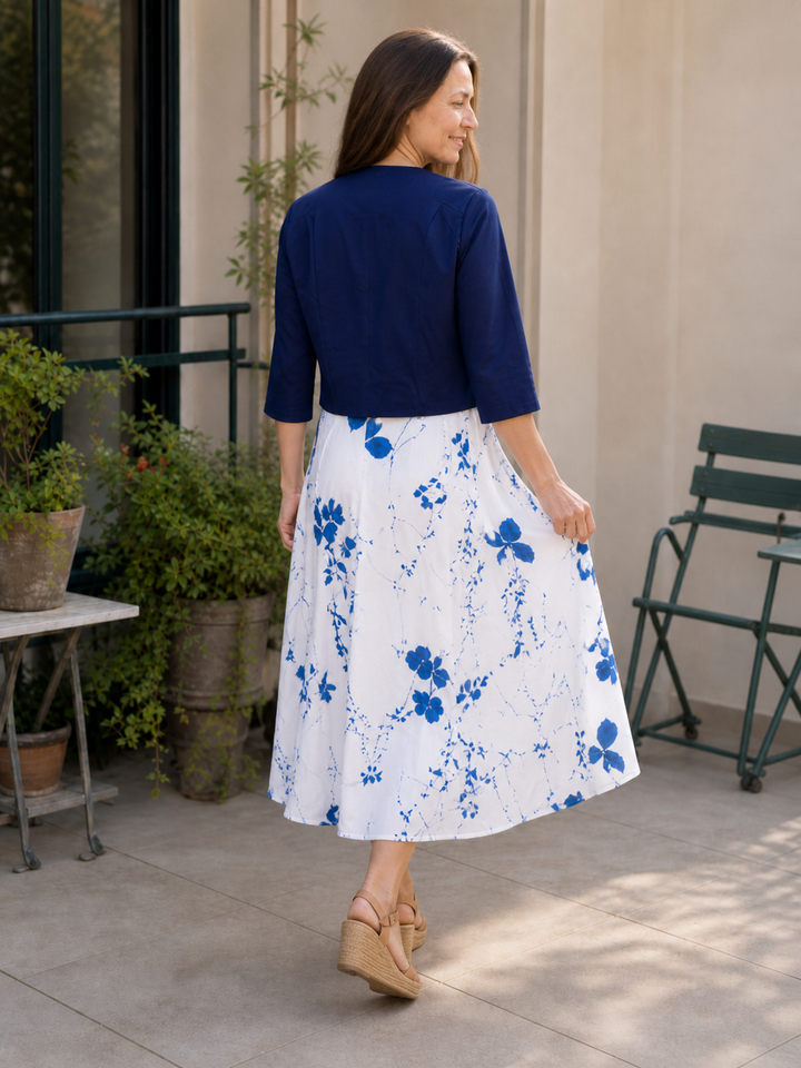 Drune | Elegante Zweiteilige Blumenkleid-Set mit Einfarbigem Crop-Top und Rundhalskleid