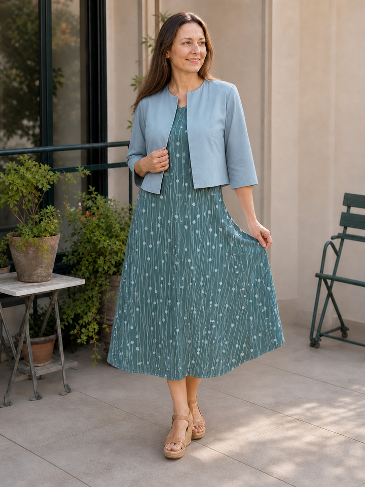 Drune | Elegante Zweiteilige Blumenkleid-Set mit Einfarbigem Crop-Top und Rundhalskleid