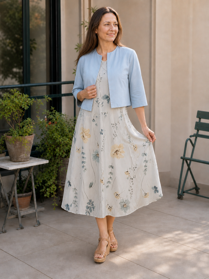 Drune | Elegante Zweiteilige Blumenkleid-Set mit Einfarbigem Crop-Top und Rundhalskleid