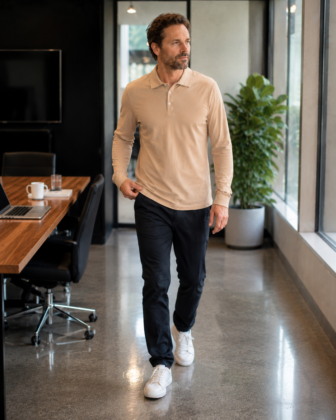 Drune Herren Langarm-Polo mit Knopfleiste