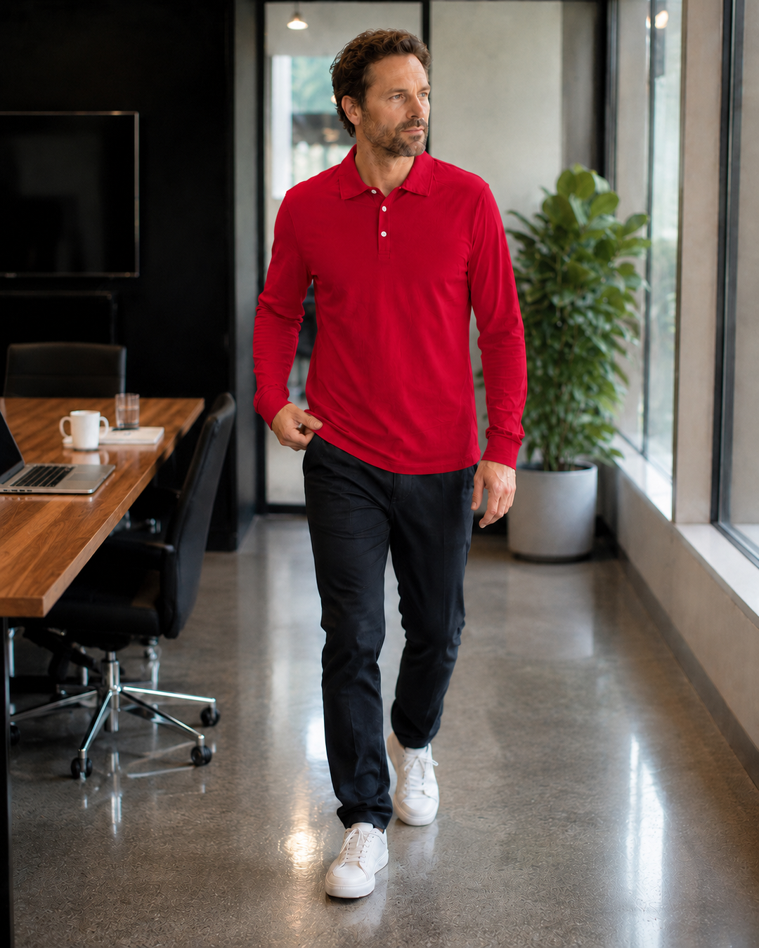 Drune Herren Langarm-Polo mit Knopfleiste