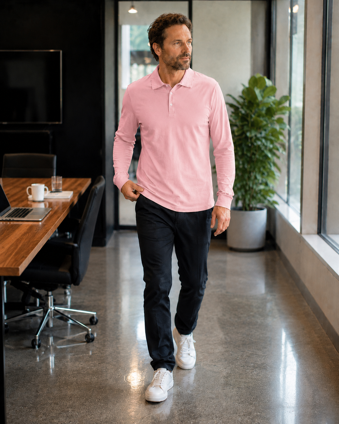 Drune Herren Langarm-Polo mit Knopfleiste