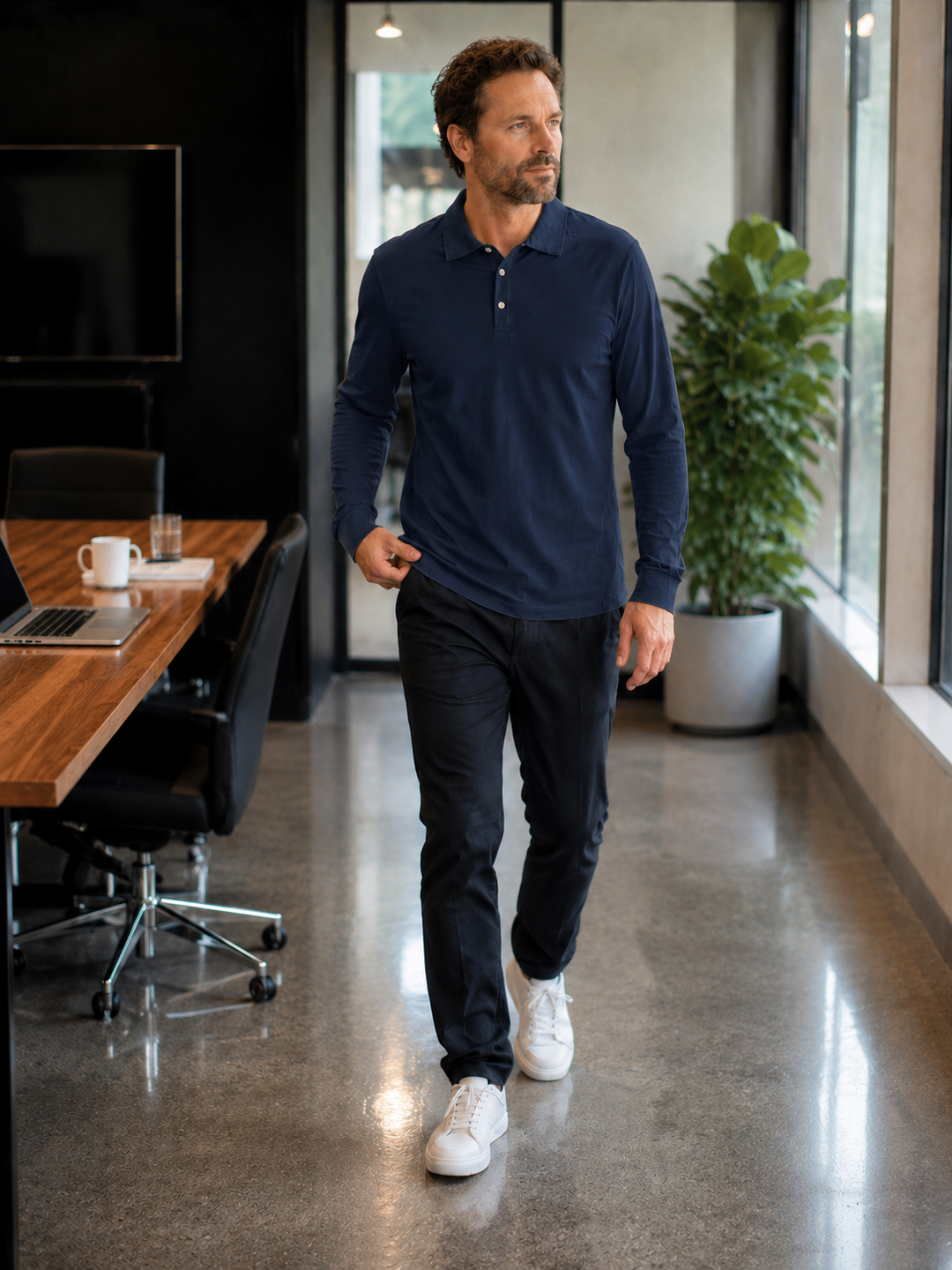 Drune Herren Langarm-Polo mit Knopfleiste