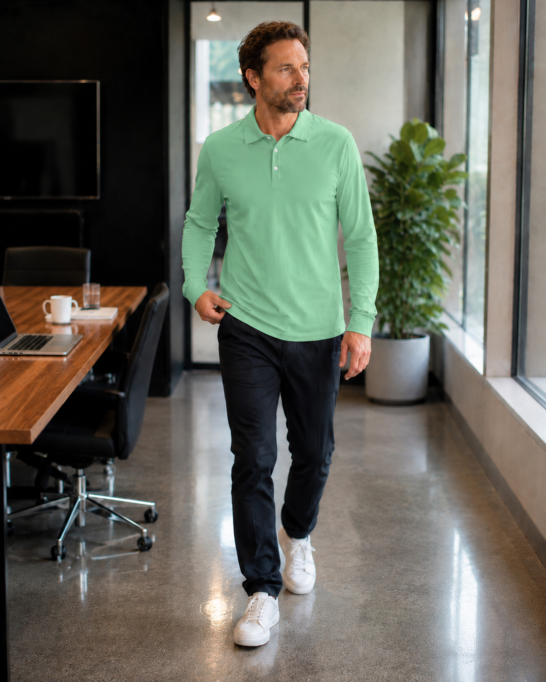 Drune Herren Langarm-Polo mit Knopfleiste