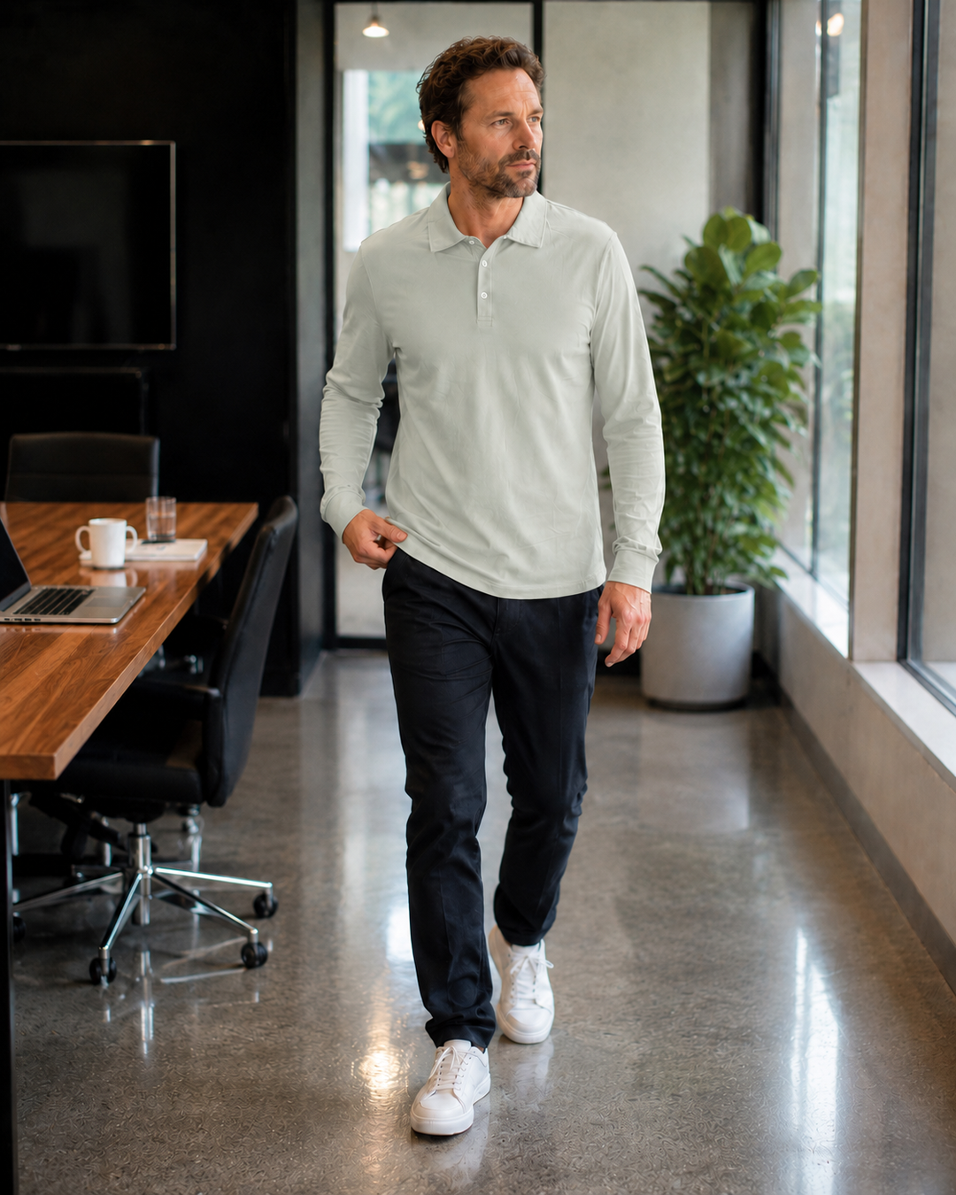 Drune Herren Langarm-Polo mit Knopfleiste