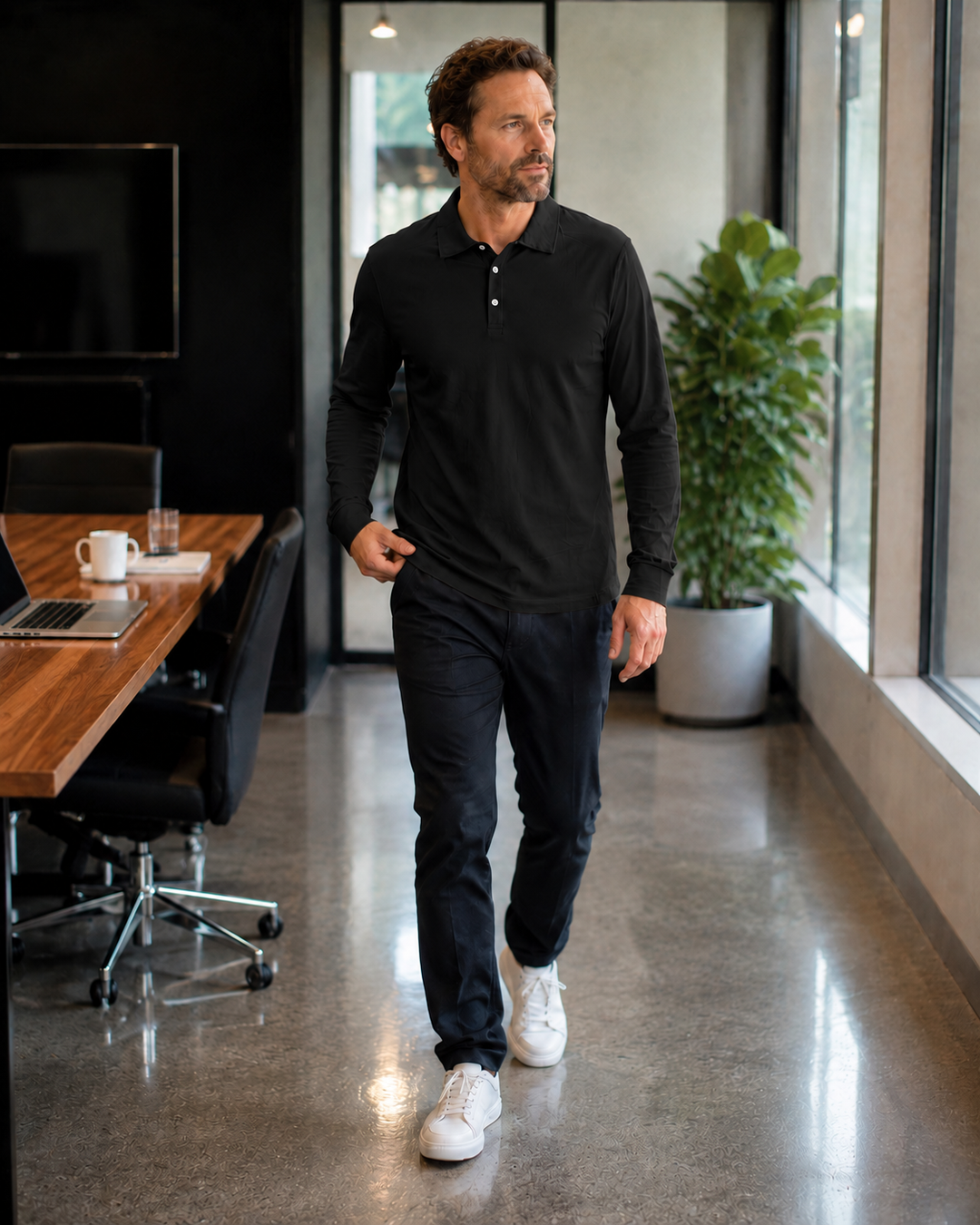 Drune Herren Langarm-Polo mit Knopfleiste
