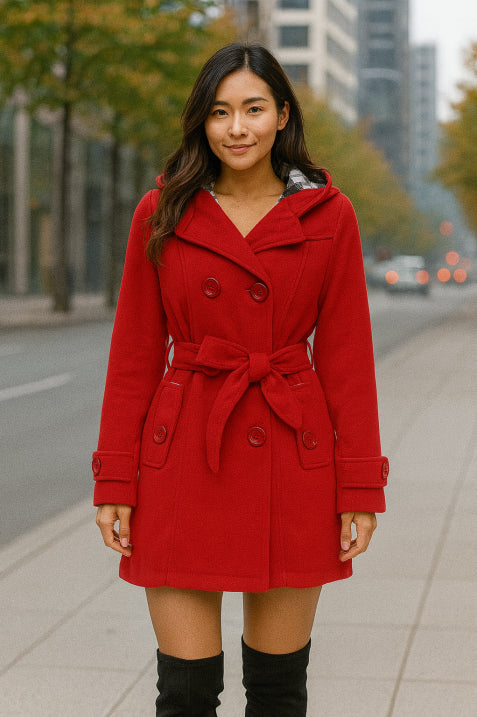 Drune | Damen Kapuzen Doppelreihiger Mantel Gürtel