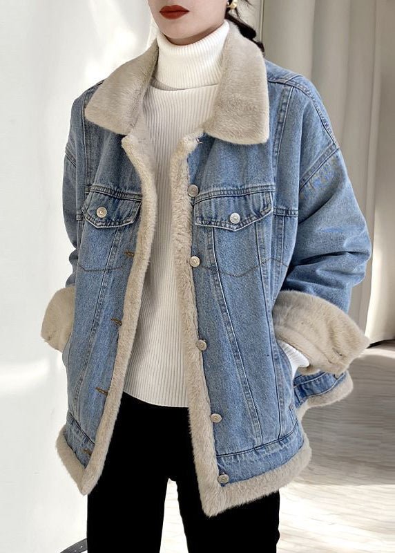 Drune | Hellblaues Peter-Pan-Kragen-Taschen Warm Fleece Denim Mäntel Langarm