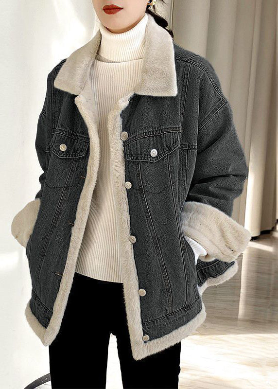 Drune | Hellblaues Peter-Pan-Kragen-Taschen Warm Fleece Denim Mäntel Langarm