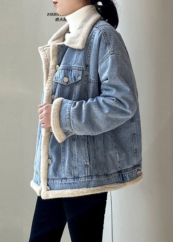Drune | Hellblaues Peter-Pan-Kragen-Taschen Warm Fleece Denim Mäntel Langarm