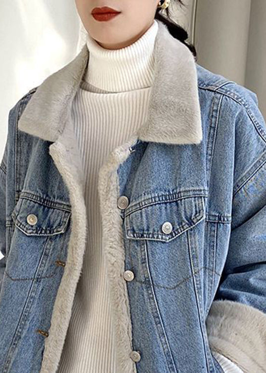 Drune | Hellblaues Peter-Pan-Kragen-Taschen Warm Fleece Denim Mäntel Langarm