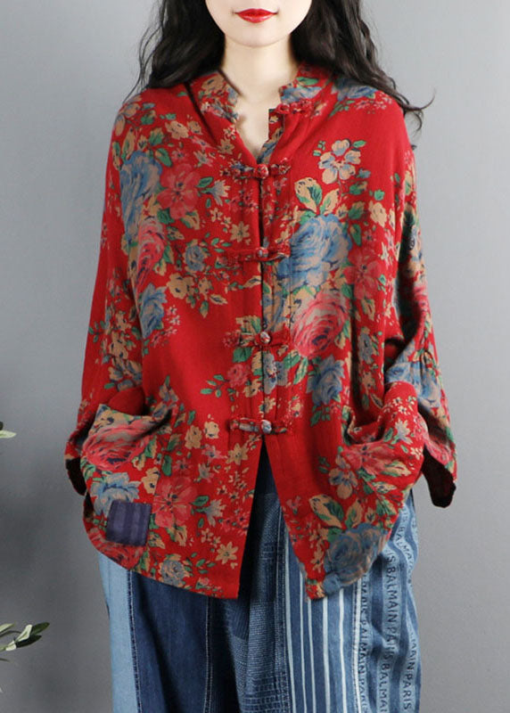 Drune | Stil Lila Druck Taschen Knopf Patchwork Baumwolle Mäntel Lange Ärmel