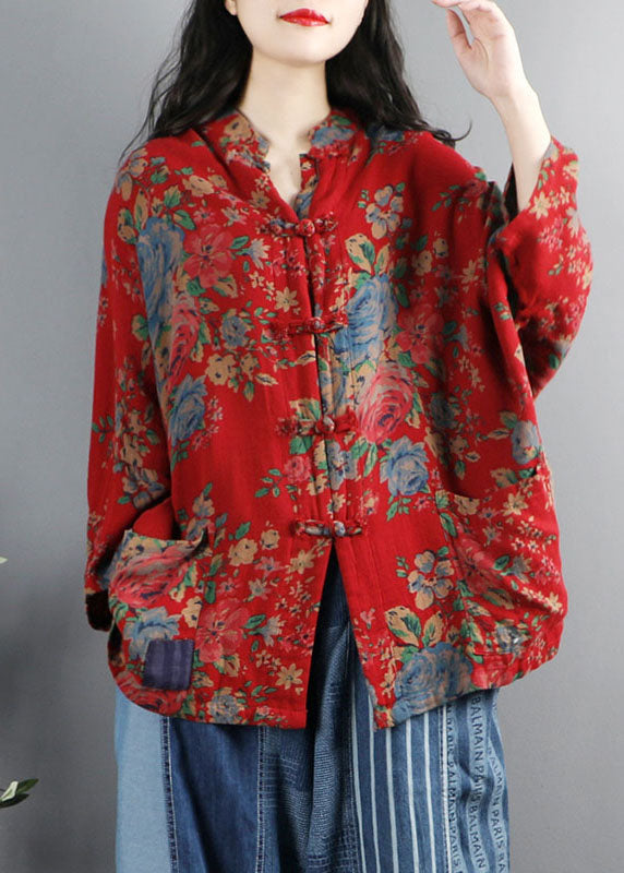 Drune | Stil Lila Druck Taschen Knopf Patchwork Baumwolle Mäntel Lange Ärmel