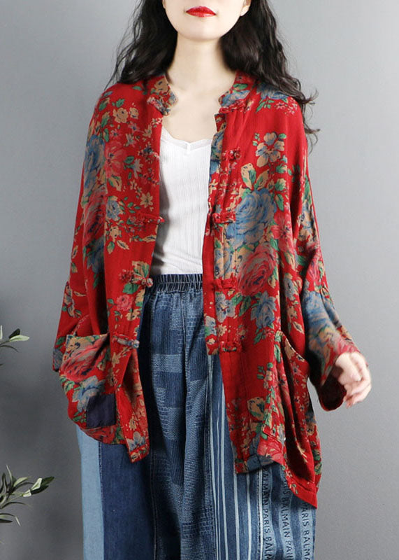 Drune | Stil Lila Druck Taschen Knopf Patchwork Baumwolle Mäntel Lange Ärmel