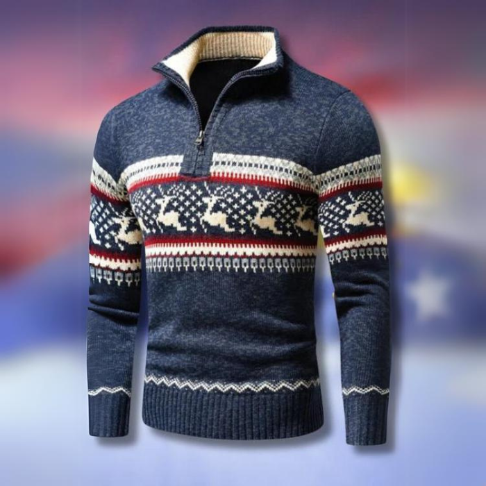 Drune | Winter Pullover für Männer - warmer Strickpullover mit halbem Reißverschluss & skandinavischem Rentier-Muster
