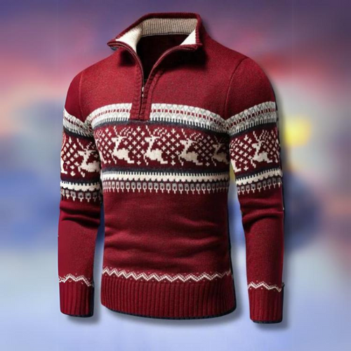 Drune | Winter Pullover für Männer - warmer Strickpullover mit halbem Reißverschluss & skandinavischem Rentier-Muster