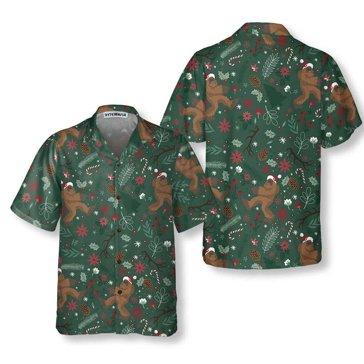 Drune | Weihnachts-Bigfoot-Muster Hawaiian Shirt, Lustiges Bigfoot-Weihnachtshemd für Männer