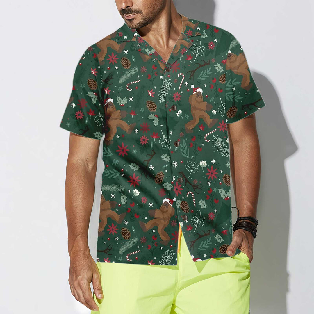 Drune | Weihnachts-Bigfoot-Muster Hawaiian Shirt, Lustiges Bigfoot-Weihnachtshemd für Männer