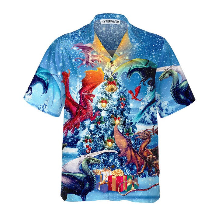 Drune | Christmas Dragons Reunion Weihnachts-Hawaiianshirt, Festliches Drachen-Hawaiianshirt für Herren