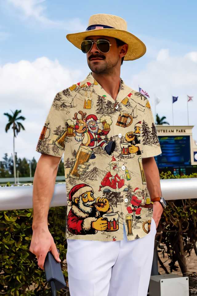 Drune | Weihnachts Lustiger Betrunkener Weihnachtsmann Und Bier Hawaii-Shirt, Lustiges Weihnachtsmann Geschenk Für Männer