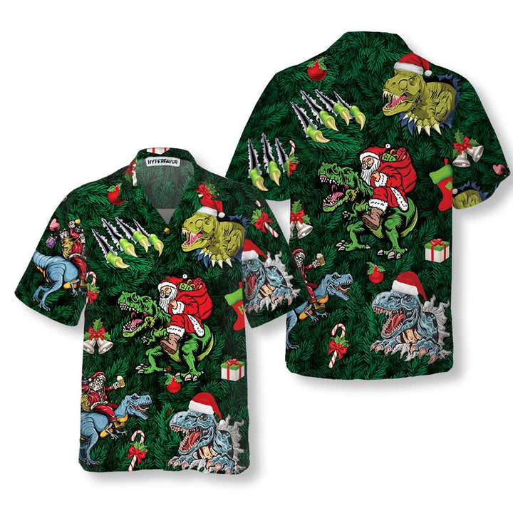 Drune | Weihnachtsferien mit T-Rex Hawaii-Hemd, Lustiges Dinosaurier-Weihnachtshemd, Beste Weihnachtsgeschenk-Idee