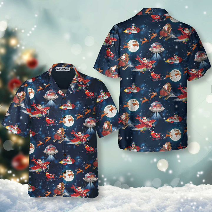 Drune | Weihnachts-Hawaiianhemd im Weltraum mit Weihnachtsmann- und Rentier-Muster