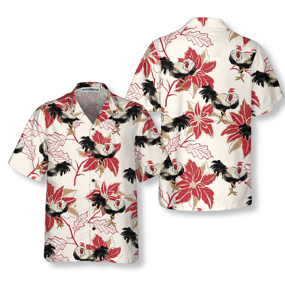 Drune | Weihnachts-Hahn und Weihnachtsstern Hawaiian-Shirt, einzigartiges Hühner-Shirt für Männer und Frauen, bestes Weihnachtsgeschenk