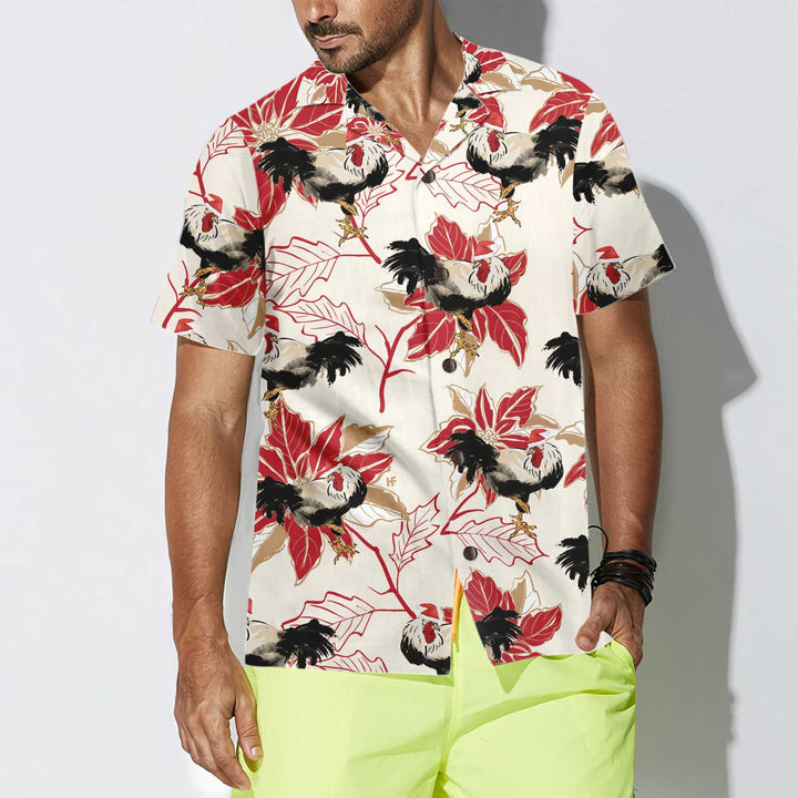Drune | Weihnachts-Hahn und Weihnachtsstern Hawaiian-Shirt, einzigartiges Hühner-Shirt für Männer und Frauen, bestes Weihnachtsgeschenk