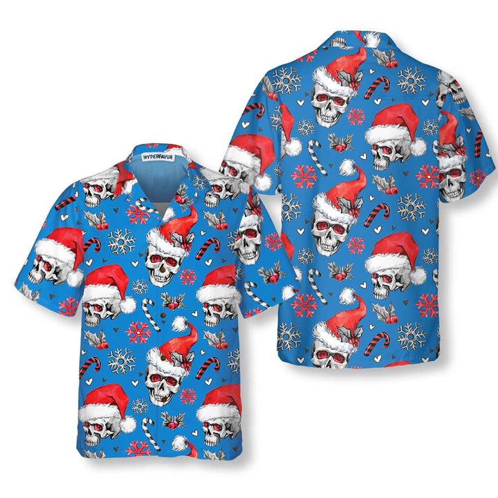Drune | Weihnachts-Schädel mit Zuckerstangen Blaue Version Weihnachts-Hawaiianhemd, Schädel Weihnachts-Hawaiianhemd für Männer
