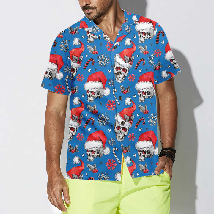 Drune | Weihnachts-Schädel mit Zuckerstangen Blaue Version Weihnachts-Hawaiianhemd, Schädel Weihnachts-Hawaiianhemd für Männer
