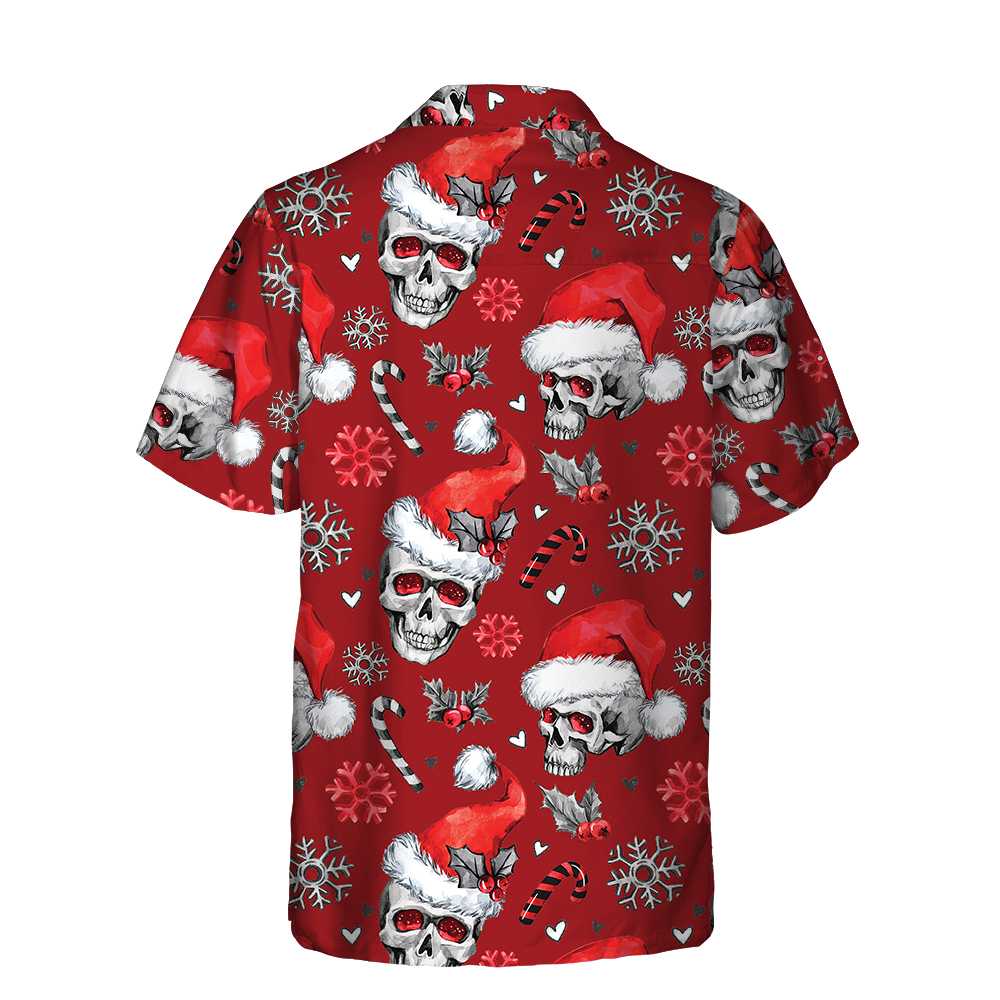Drune | Weihnachts-Schädel mit Zuckerstangen Rote Version Weihnachts-Hawaiianhemd, Schädel Weihnachts-Hawaiianhemd für Männer